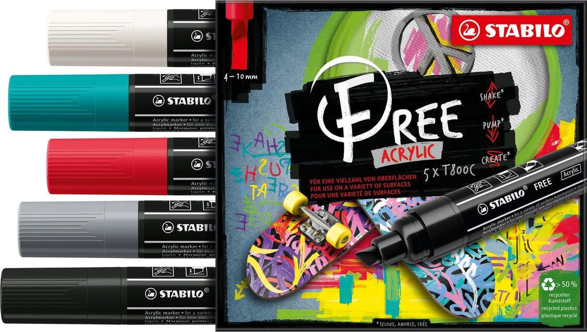 Stabilo FREE - Acryl Marker - T800C - Schuine Punt - 4-10 mm - Set Bold - Met 5 Verschillende Kleuren