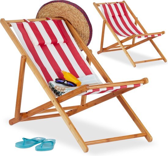 Relaxdays Strandstoel set van 2 - ligstoel - kampeerstoel - tuinstoel - gestreept - bamboe rood-strip