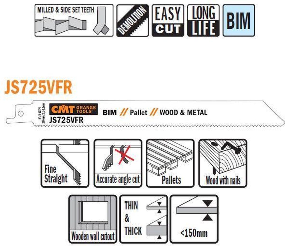 CMT js725vfr-5 - Sabre Saw Blades voor hout/metaal (BIM) 200 x 2,1 - 3,2 x 8 - 12TPI