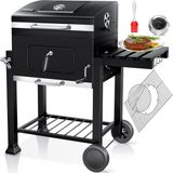 KESSER® Barbecue à charbon XL Barbecue à charbon avec couvercle, roues, poignée en acier inoxydable, grille de barbecue et thermomètre, 8 brochettes avec pochette et pinceau en silicone, grand BBQ camping terrasse jardin