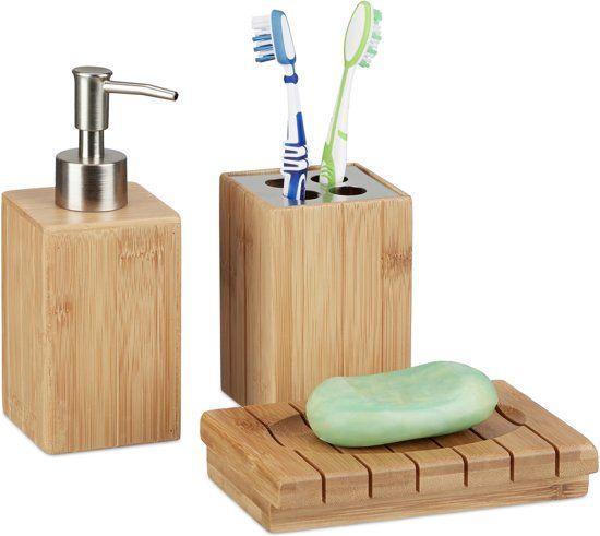 Relaxdays badkameraccessoires bamboe - 3-delige badkamerset - zeeppompje - bekertje hout