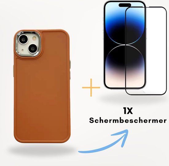 Optimity hoesje voor iPhone 15 - Bruin - Siliconen Back Cover + Screenprotector