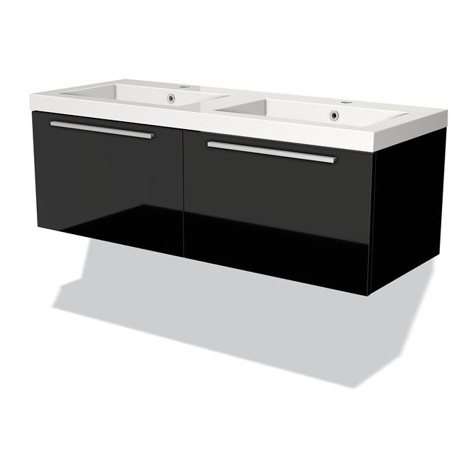 Maxaro Badkamermeubel 120cm Modulo Hoogglans Zwart 2 Lades Vlak Wastafel Mineraalmarmer