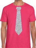 Bellatio Decorations Carnaval verkleed t-shirt - met zilveren glitter stropdas - roze - voor heren - disco - glamour L