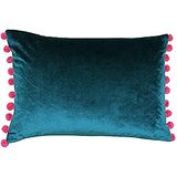 Riva Paoletti Fiesta Rechthoekig Veren Gevuld Kussen Blauw Roze Pompon Randen-Faux Fluweel Stof-Discrete Ritssluiting-100 Hoesje (14 "x 20" Inch), Polyester, Groenblauw/Bessen, 35 x 50 cm
