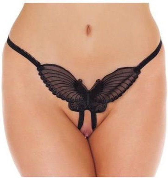 Rimba Amorable - Luxe Kanten Vlinder String Met Open Kruis - Zwart - One Size