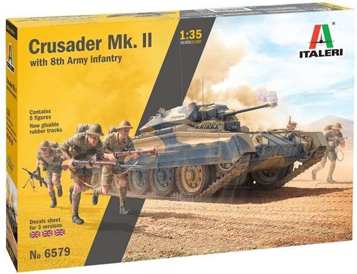 Italeri 6579S 1:35 Crusader Mk.II m. Inf. Fig. (5), modelbouw, bouwpakket, staande modelbouw, knutselen, hobby, lijmen, plastic bouwkit, meerkleurig