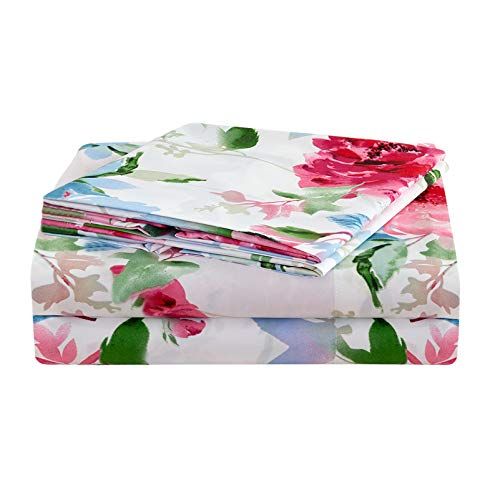 JSD KOMFOR Beddengoedset met bloemen queensize print, 4-delig, ultrazacht, tweepersoons geborsteld microvezel lakens met diepe zak, hotelkwaliteit beddengoed lakens