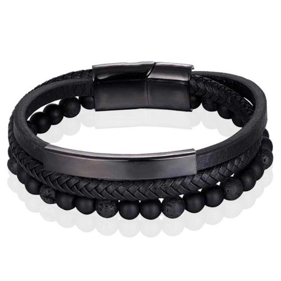 Memphis Heren armband Memphis Agaat kraal gevlochten leer Zwart - 21cm