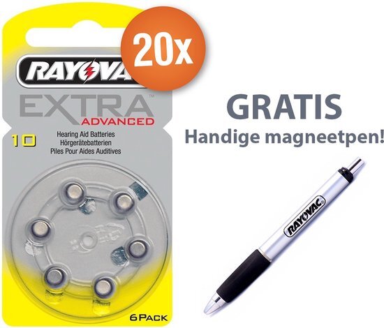 Rayovac Voordeelpak gehoorapparaat batterijen - Type 10 (geel) - 20 x 6 stuks + gratis magnetische batterijpen
