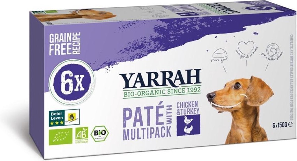 YARRAH 4x Biologisch Hondenvoer Multipack Paté Graanvrij Kip - Kalkoen 900 gr