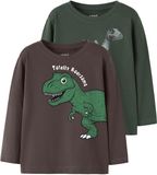 NAME IT Jongens Lange Mouwen Shirts NMMNEDIN 2P LS NREG TOP BOX PB - Maat 92 - Katoen - Bruin/Groen