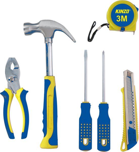 Kinzo Gereedschapset - 6-delig - Hamer, Rolmaat, Mesje, Schroevendraaiers en Tang - 8711252166100