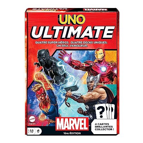 Mattel Games UNO Ultimate Marvel HVM25 Kaartspel, superheldendesign, Captain Marvel, Iron Man, Black Panther, Thor, speciale regels, gevarenkaarten, verzamelfolie-kaarten, vanaf 7 jaar