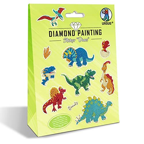 Ursus 10154133 - Diamond Painting Sticker Dinos, set met 2 stickervellen in verschillende designs, diamantstenen, pikkers, was en schaal, inclusief handleiding