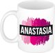 Bellatio Decorations Anastasia naam cadeau koffie mok - beker - met roze verfstrepen - Cadeau collega - moederdag - verjaardag - juf - coach - 300 ml - wit