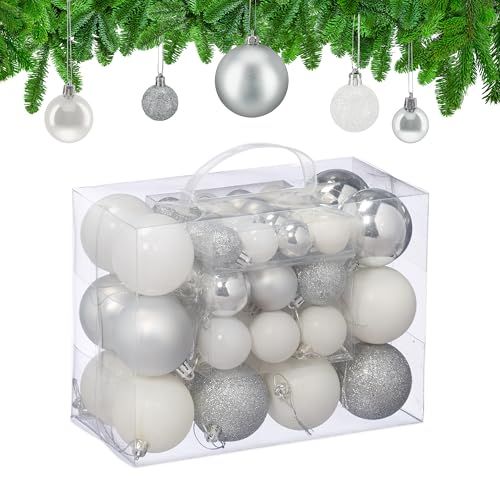 Relaxdays Kerstballen, set van 50, glanzend en mat, kunststof, zilver-wit, 3, 4 & 6 cm