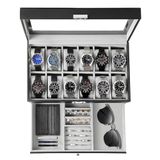GUKA Horloge Box 12 Slot Horloge Display Organizer Lederen Sieraden Case Lade Glas Verjaardag voor Mannen Vrouwen, Kind Man Papa