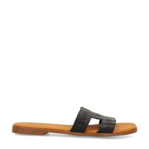 Manfield Dames Zwarte Leren Slippers Maat 36