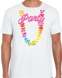 Bellatio Decorations Tropical party T-shirt voor heren - bloemenkrans - wit - carnaval/themafeest L