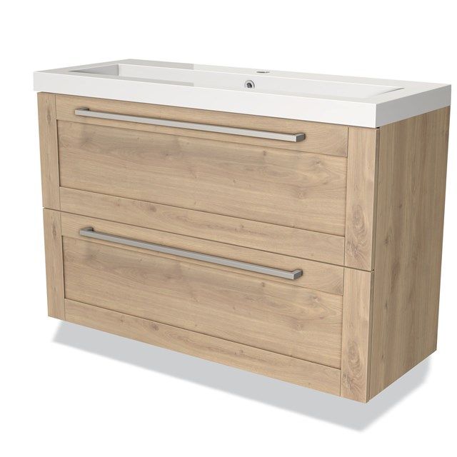Maxaro Badkamermeubel 100cm Modulo Slim Lichtbruin Eiken 2 Lades Kader Wastafel Mineraalmarmer - 6095834258240
