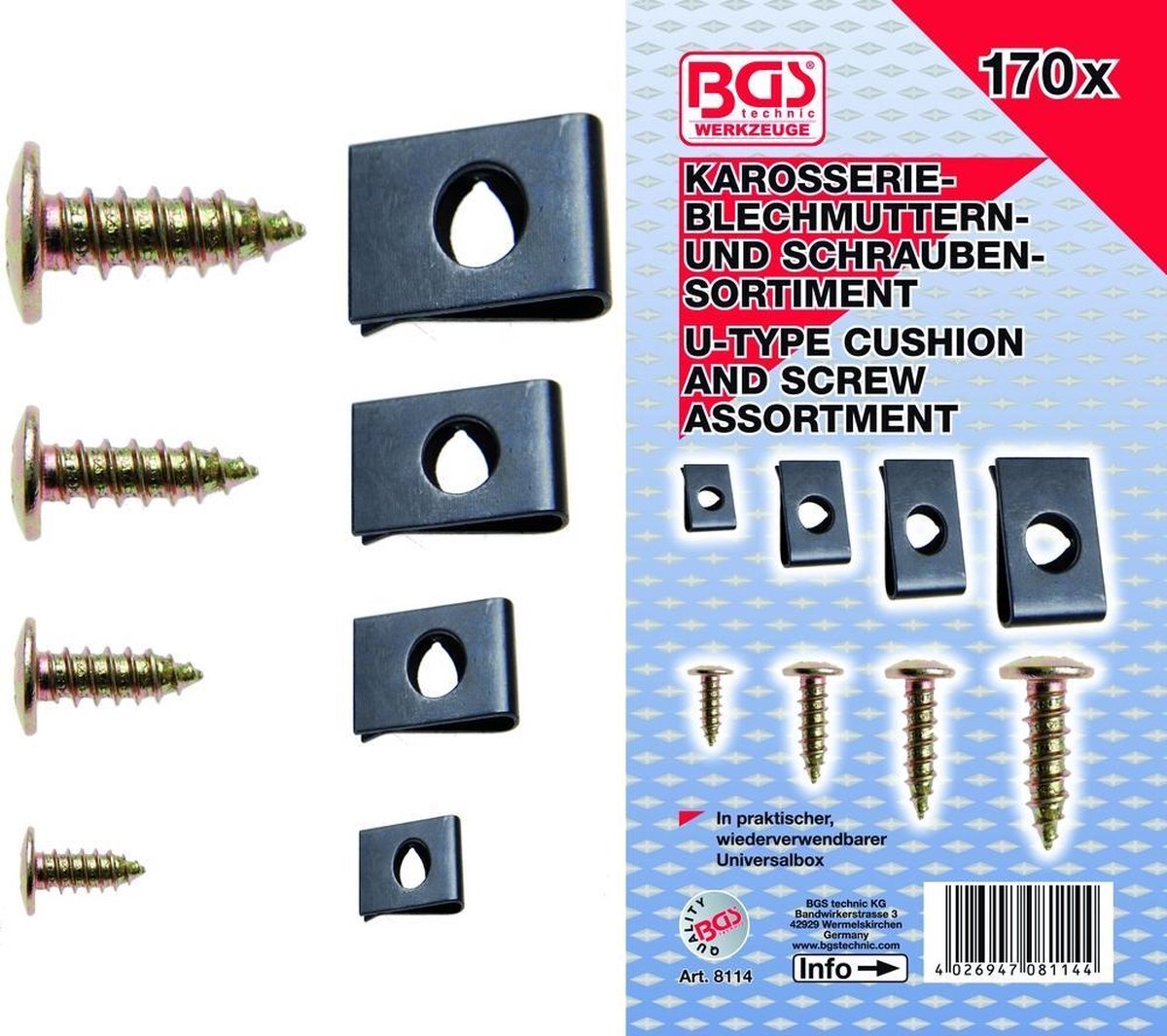 Bgs Carosseriemoeren/ speednuts assortiment, 170 delig, 8114