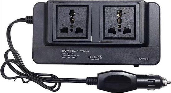 200W Auto-omvormer - 12V naar 220V - 4 USB - 2 Stopcontacten - Zwart