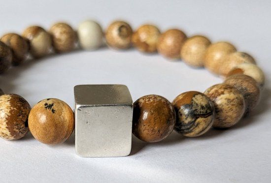 Picture Jaspis Edelsteen Armband - 20 cm - 8mm Edelsteen - 925 Zilveren Kraal 10mm - Beige/Bruin