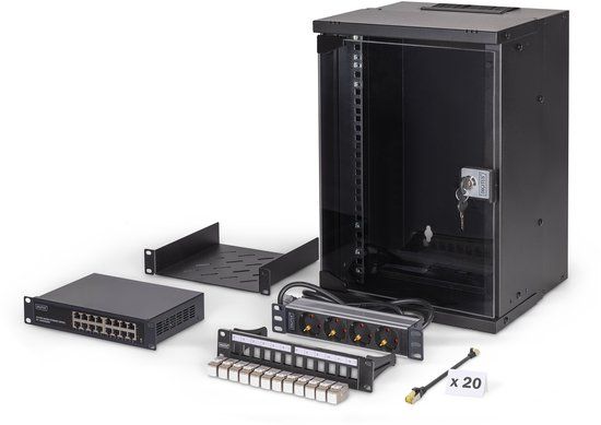 DIGITUS 10-inch netwerkset - 9U netwerkkast - legbord - contactdoosstrip - 16-poorts switch - 12-poorts patchpaneel - 12 keystone modules - 20 patchkabels - SOHO Pro - zwart
