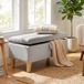 Banc avec rangement aspect lin, repose-pieds rembourré à pieds en hévéa, coffre de rangement, gris clair