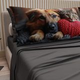PETTI Artigiani Italiani - Beddengoed dieren met katten en honden van katoen met kussenslopen in digitale print, beddengoed voor Frans bed, beddengoedset voor Frans bed, donkergrijs, 100% Made in