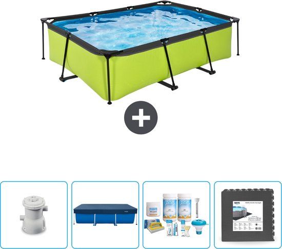 EXIT Rechthoekig Lime Frame Zwembad - 220 x 150 x 65 cm - Inclusief Pomp Afdekzeil - Onderhoudspakket - Vloertegels