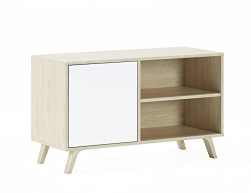 Skraut Home - TV kast 100 met linker deur, Wind model, puccini structuur kleur, witte deur kleur, 95x40x57cm