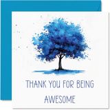 Bedankkaarten - Thank You For Being Awesome Kleurrijke blauwe boom - bedankkaarten voor hem, haar, man, vrouw, oprechte bedankkaart, 145 mm x 145 mm, wenskaarten voor