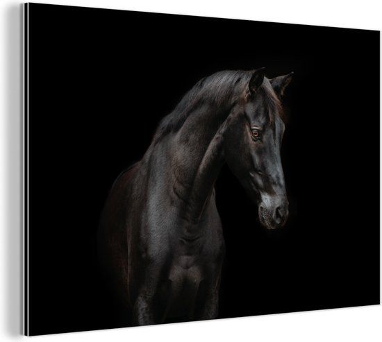 MuchoWow Wanddecoratie Metaal - Aluminium Schilderij Industrieel - Paard - Dieren - Zwart - Portret - 150x100 cm - Dibond