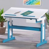 Inter Link – In hoogte verstelbaar bureau – kinderbureau – studentenbureau – kantelverstelling – boekenhouder – massief hout wit gelakt – petrol applicaties – petrol/wit