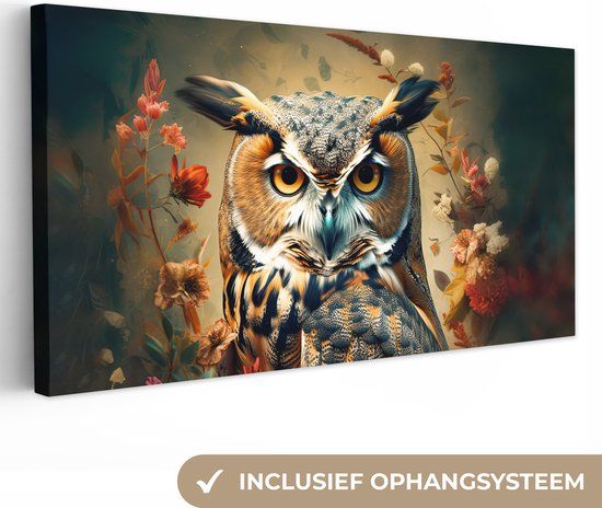 OneMillionCanvasses Canvas schilderij 160x80 cm - Uil - Vogel - Bloemen - Botanisch - Muurdecoratie