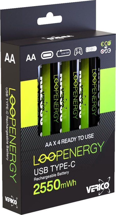 Verico LoopEnergy AA 2550 USB-C Oplaadbare Batterijen - 4x AA - Groen