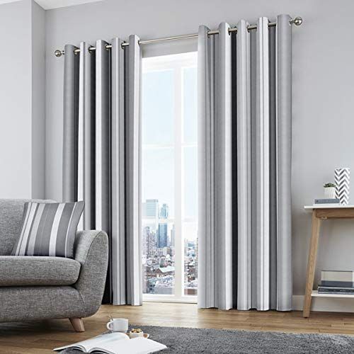 Fusion Whitworth Stripe Cotton Eyelet Curtains - 46" x 54" - Grey