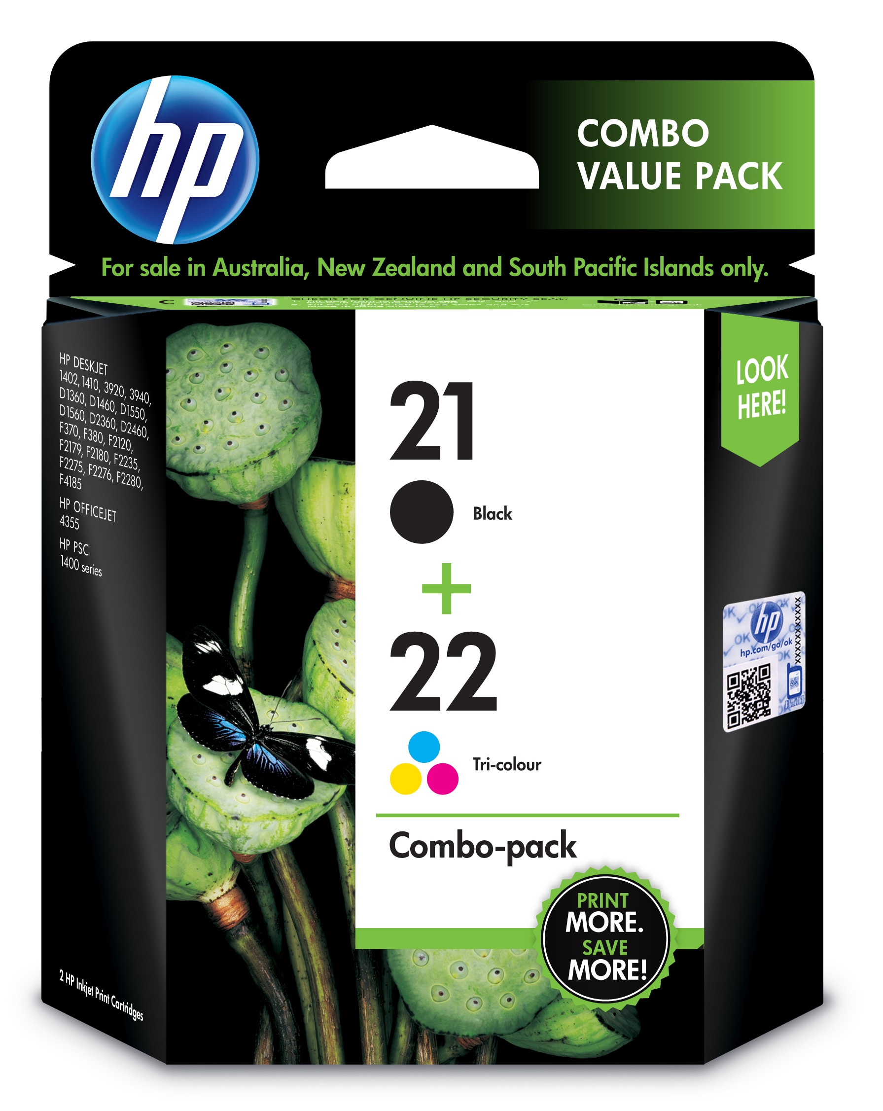 HP 21 originele zwarte/22 drie-kleuren inktcartridges, 2-pack