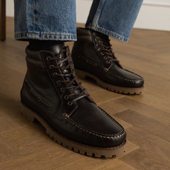 Manfield Heren Donkerbruine Leren Veterboots Maat 44