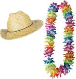 Tropische Hawaii Party Verkleedset met Strohoed en LED Bloemenkrans voor Adultes