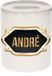 Bellatio Decorations Shoppartners Bv Spaarpot met voornaam Andre - wit - met goud/zwart embleem - 8 x 9 cm - keramiek - met afsluitdop - cadeau verjaardag