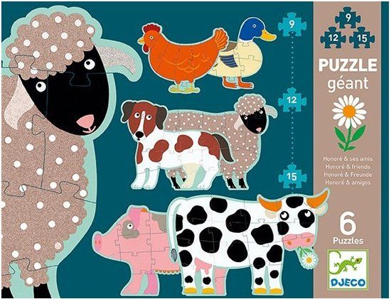 Djeco - Honoré en zijn vriendjes Boerderijdieren 6in1 Legpuzzel - 15 Stukjes - Vanaf 3 Jaar