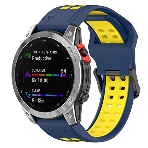 Yikamosi Compatibel met Garmin Fenix 7X Bandje, 26MM Dubbele kleur Snelle release Zachte Siliconen Roestvrij stalen sluiting Vervangende Bandje voor Garmin Fenix 7X/6X/5X/5X Plus, Blauw/Geel
