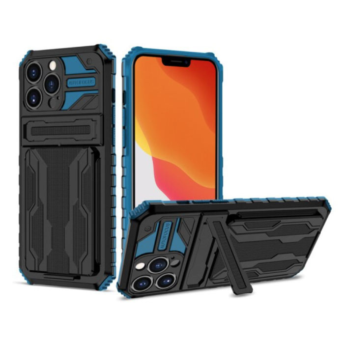 YIKELO YIKELO iPhone 7 Plus - Armor Card Slot Hoesje met Kickstand - Wallet Cover Case Blauw