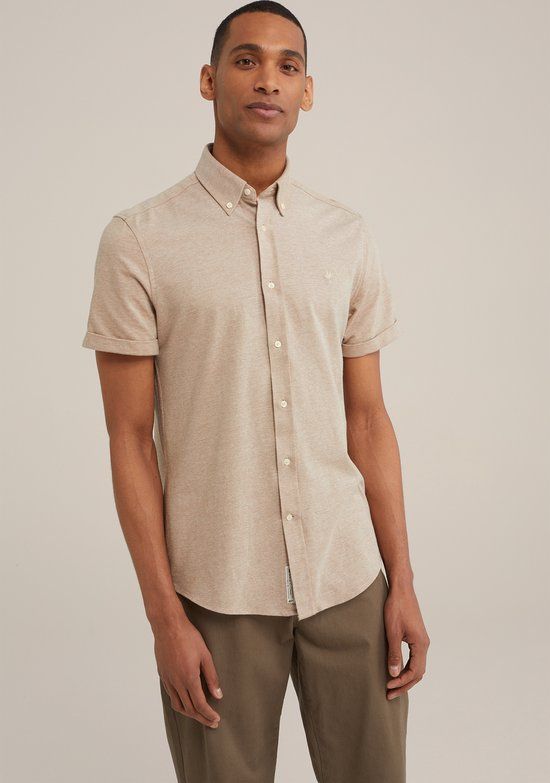 WE Fashion Heren slim fit overhemd - Beige - Maat XL - Korte mouw - Mannen