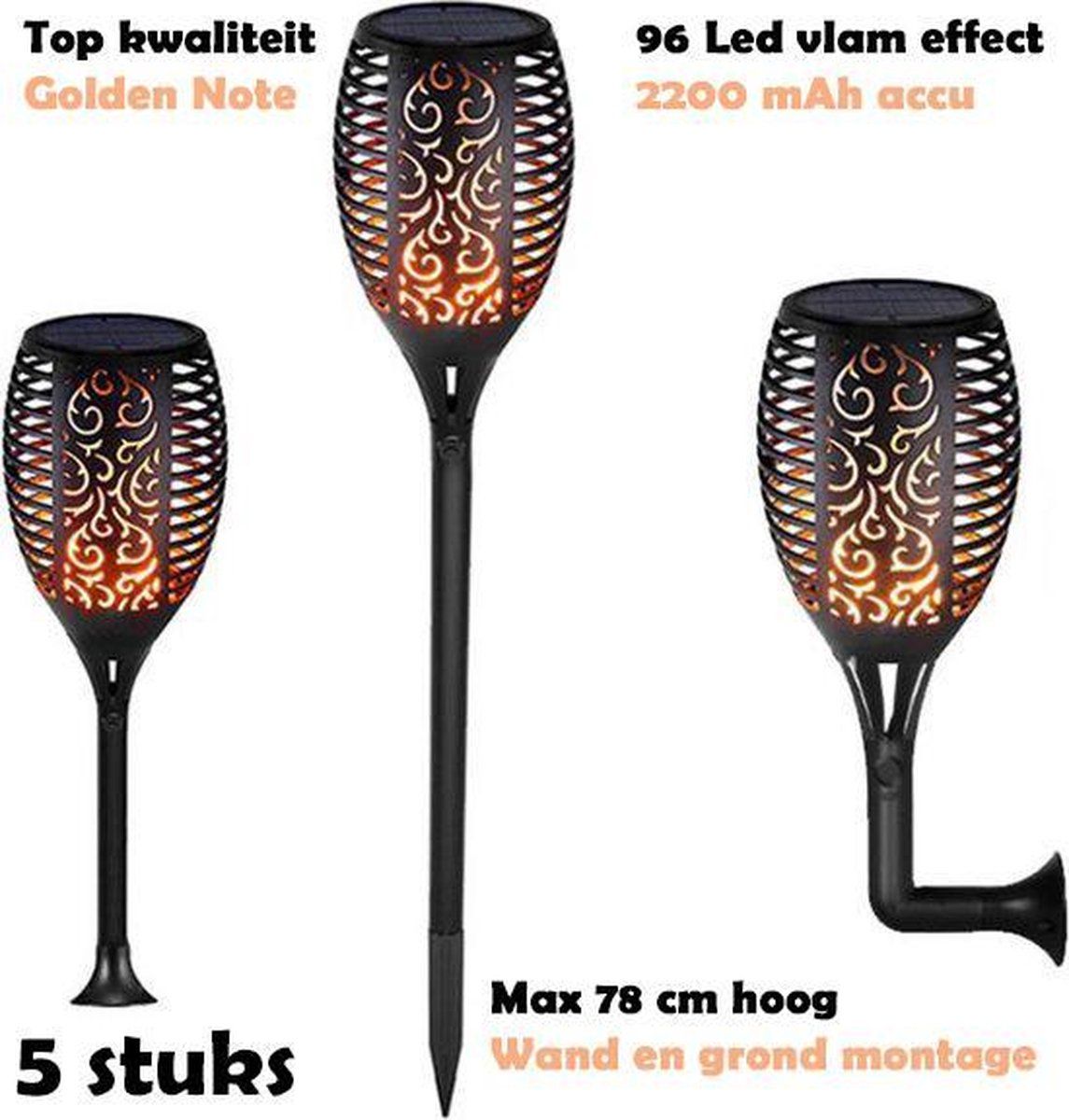 Golden Note 5x Solar Vlam Fakkel 96 Led tuinlamp 78cm - Zwart