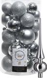 Decoris Boules de Noël 30x pièces - Argent 4/5/6 cm Plastique Mat/Brillant/Paillettes Mix et Étoile brillante 26 cm
