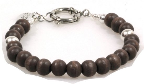 Heaven Eleven - heren kralen armband - Bruin Hout met Zilverkleurige kraal 8mm- 21cm